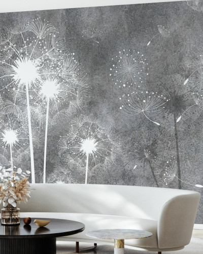 Tapet cu motive de păpădie pe un fundal gri. Designul minimalist este perfect pentru decorarea dormitorului, salonului, sau a unui birou.