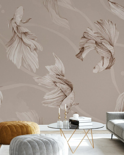 Tapet cu design minimalist cu pești Koi în sepia.
