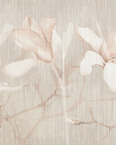 Tapet floral Magnolia Chatoyer IV cu flori albe pe fond de lemn