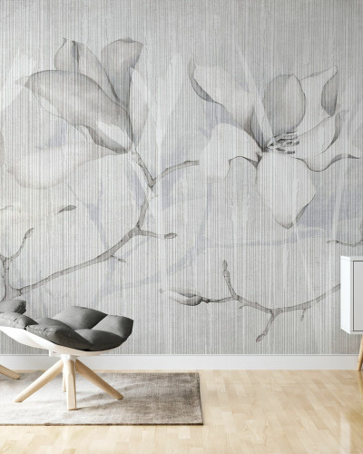 Imagine cu fototapet Magnolia Chatoyer VI, cu flori delicate de magnolie pe un fundal de lemn.