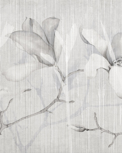 Imagine cu fototapet Magnolia Chatoyer VI, cu flori delicate de magnolie pe un fundal de lemn.