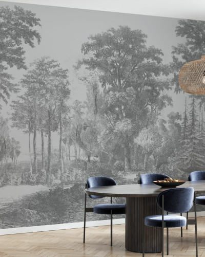 Tapet Slow Meander Grey cu un design cu copaci și pădure