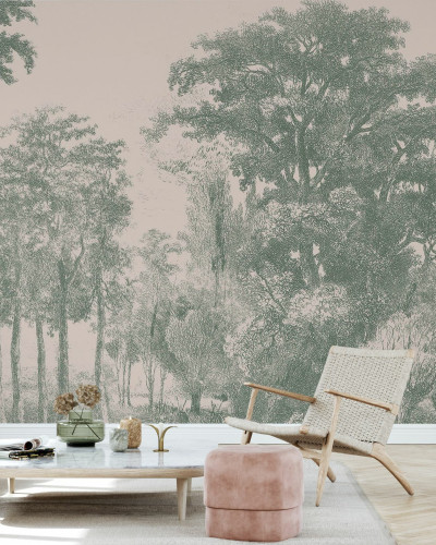 Tapetă cu un design minimalist, Slow Meander, cu copaci în tonuri de roz și verde.