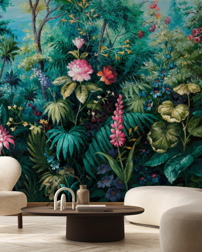 Fototapet cu design botanic luxuriant în living modern