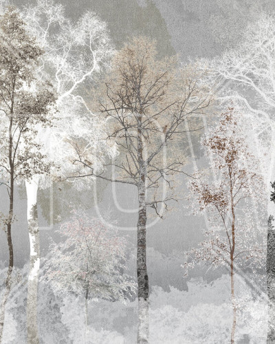 Wallpaper cu design minimalist de pădure liniștită, în nuanțe de maro și gri.