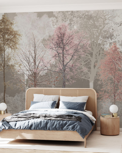 Tapet cu design abstract, tonuri pastelate de roz și bej, cu accente de auriu, evocă o atmosferă relaxantă și elegantă, perfectă pentru un spațiu intim și confortabil.