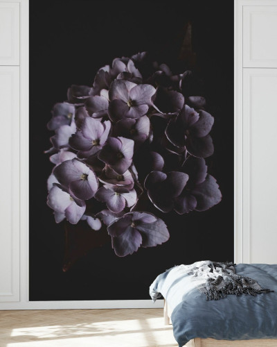 Tapet floral cu flori mov pe un fundal negru