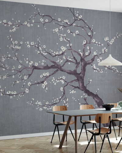 Tapet floral cu ramură de cires japonez înflorită, perfect pentru a crea o atmosferă relaxantă și primitoare.