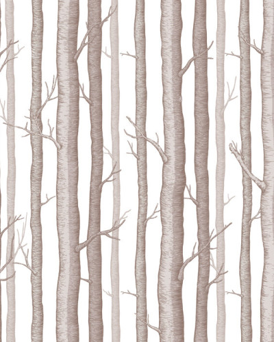 Tapet cu aspect de pădure, Trees and Trees Photowall, cu trunchiuri de copaci în nuanțe de maro, pe un fundal alb.