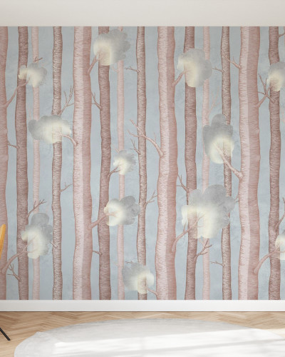 Tapet cu design abstract de copaci și flori, in nuanțe pastelate, perfect pentru un decor modern si elegant.