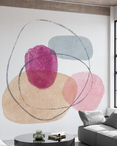Fototapet abstract cu cercuri si forme geometrice roz, bej si gri