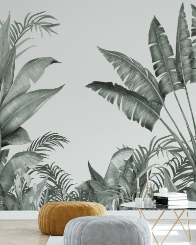 Wallpaper tropical cu frunze de palmier in nuante de gri, perfect pentru a crea o atmosfera relaxanta in casa.