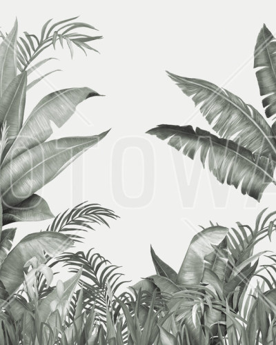 Wallpaper tropical cu frunze de palmier in nuante de gri, perfect pentru a crea o atmosfera relaxanta in casa.