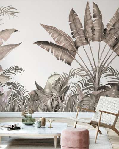 Tapet Tropical Humble Blush cu frunze de palmier in nuante de maro-roz