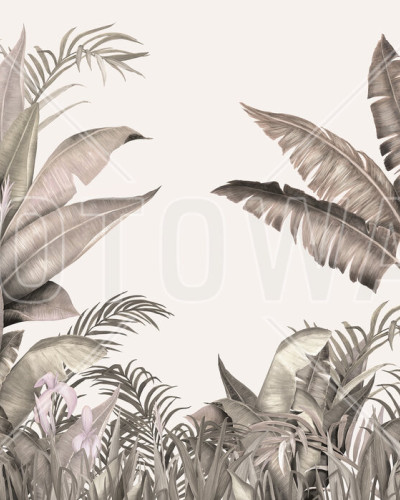 Tapet Tropical Humble Blush cu frunze de palmier in nuante de maro-roz