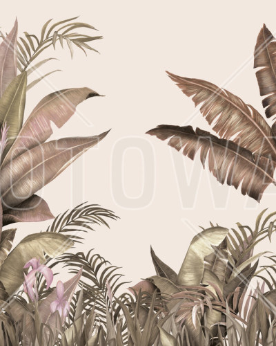 Wallpaper Tropical Pale Pecan cu frunze de palmier în nuanțe de maro deschis și roz pal