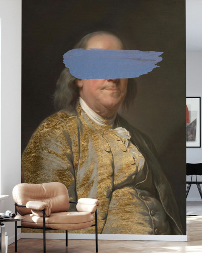 Tapet cu o imagine a lui Benjamin Franklin, cu un strat de vopsea albastră care îi ascunde o parte din față.