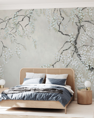 Tapet Blossom Wisteria cu flori albe și ramuri delicate