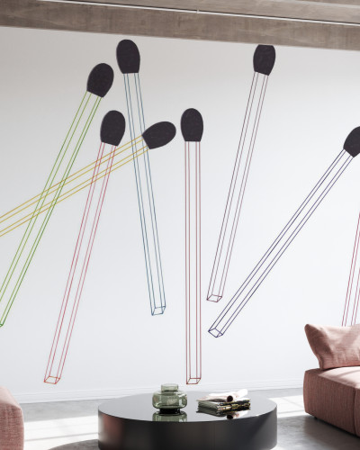 Tapet cu chibrituri pe alb, pe un perete alb, intr-un living modern