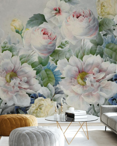 Tapet floral Malva si Trandafiri cu flori delicate de malva si trandafiri, perfect pentru a crea o atmosfera romantica.