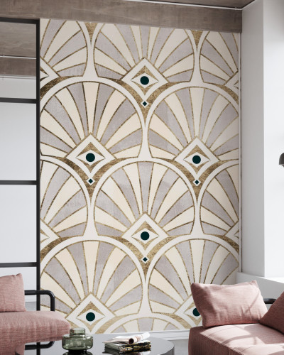 Tapet Deco Patterning I cu design geometric, accente aurii si verde smarald, perfect pentru living sau dormitor