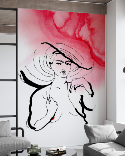 Wallpaper  cu o femeie cu o pălărie, realizat într-o nuanță de roșu vibrant și cu un design minimalist.