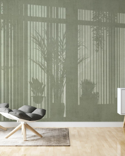 Tapet cu design modern, cu siluete de plante și ferestre, în culori verzi.