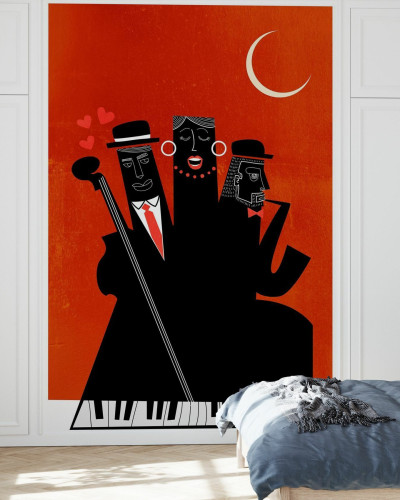 Tapet cu design modern in culori rosu si negru cu un trio de personaje care canta jazz