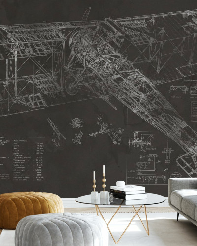 Tapet cu design vintage al avionului Avro 504K. Tapetul ilustrează schematic o vedere din față a aeronavei, cu detalii meticuloase ale componentelor sale.