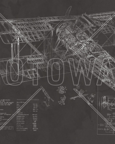 Tapet cu design vintage al avionului Avro 504K. Tapetul ilustrează schematic o vedere din față a aeronavei, cu detalii meticuloase ale componentelor sale.