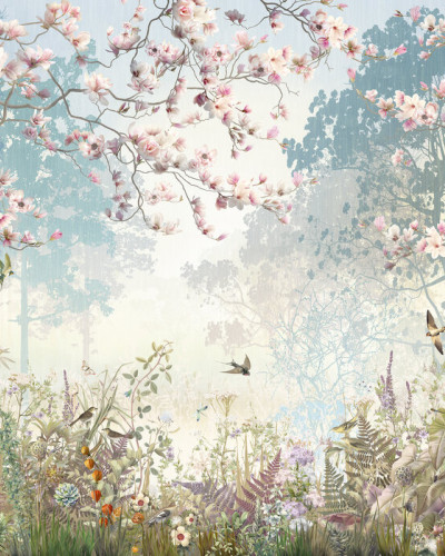 Fototapet cu design de grădină florală și păsări