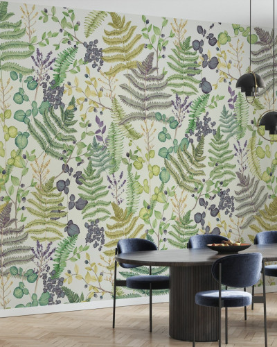 Tapet cu frunze botanice, vibrant și plin de viață, perfect pentru a crea o atmosferă relaxantă și primitoare.