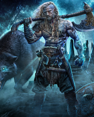 Tapet Viking și Lup - Războinic Viking, lupi și corbi pe fundalul unui peisaj nocturn