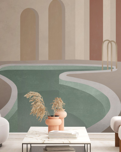 Tapet cu design modern și minimalist, cu o piscină relaxantă în fundal.