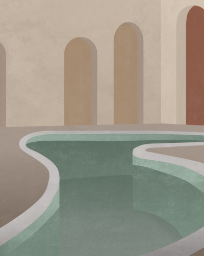 Tapet cu design modern și minimalist, cu o piscină relaxantă în fundal.