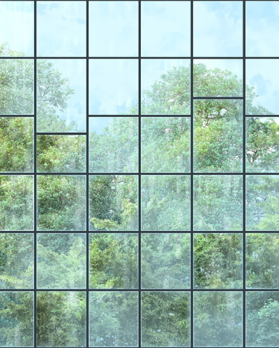 Wallpaper cu efect 3D, care înfățișează o priveliște cu ferestre negre și un peisaj verde.
