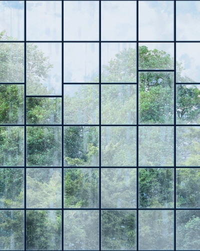 Tapet cu design minimalist Windows View, Black II ce prezintă ferestre cu vedere spre o pădure verde.
