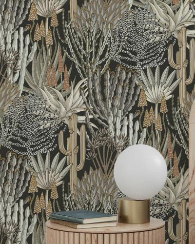Tapet cu design floral inspirat din natura Africii, prezentand cactusi si euphorbia