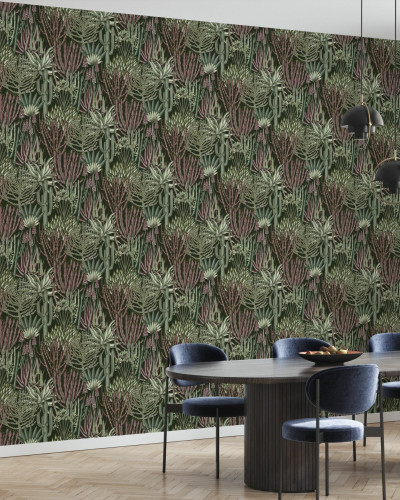 Tapet cu design floral, Euphorbia Forest, plante suculente,  verde, roz, bej