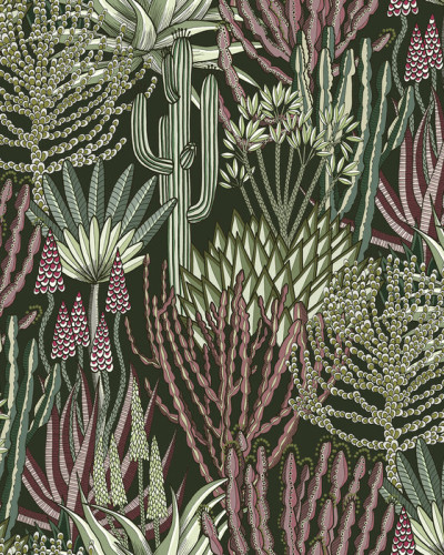 Tapet cu design floral, Euphorbia Forest, plante suculente,  verde, roz, bej