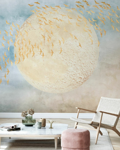 Swallows and Moon - Tapet perete cu păsări aurii și o lună mare