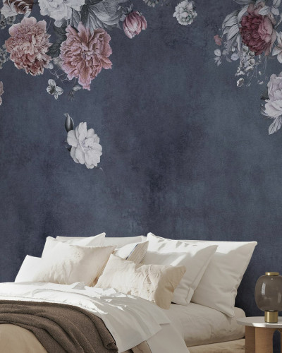 Fototapet floral vintage albastru în decor de dormitor