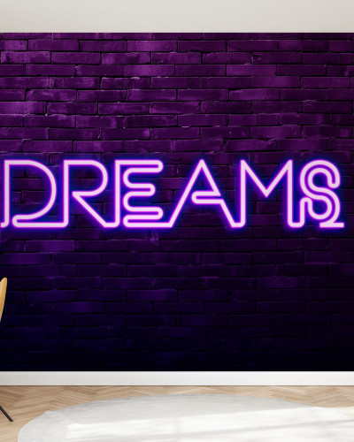 Tapet modern Urban Neon, Dreams, cu design inspirat de ziduri de cărămidă și o inscripție neon 