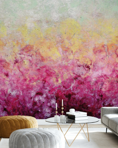 Tapet abstract Lover's Plume, cu nuante de roz si galben, in living