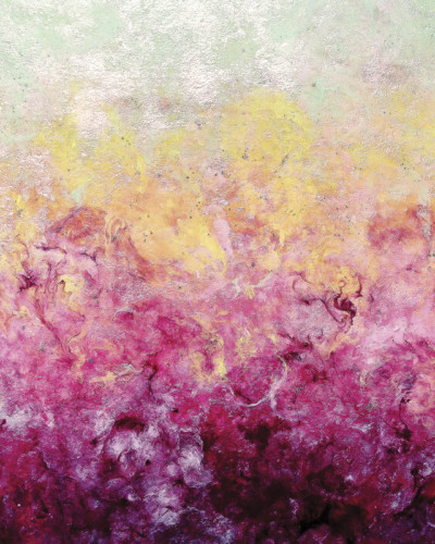 Tapet abstract Lover's Plume, cu nuante de roz si galben, in living