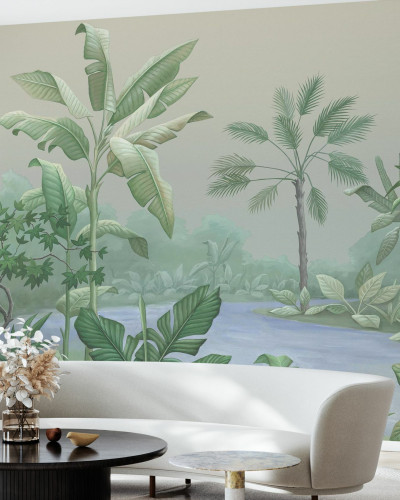 Tapet cu design tropical cu palmieri și vegetație luxuriantă.