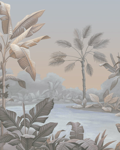 Tapet cu design exotic cu nuanțe de piersică și albastru, decorat cu frunze de palmier și un peisaj tropical.