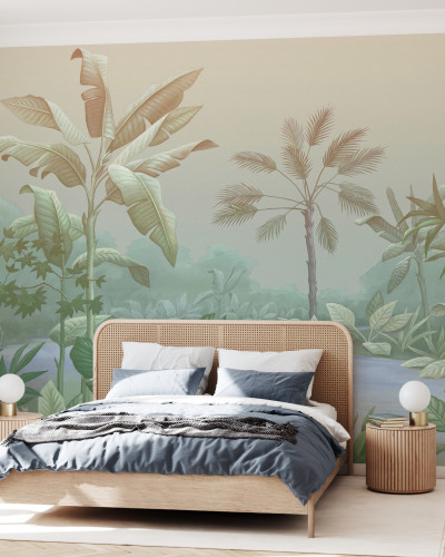 Tapet cu design tropical luxuriant, cu palmieri și frunze de banană într-o gamă de nuanțe de verde.