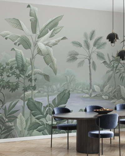 Tapet cu design tropical cu palmieri și apă.