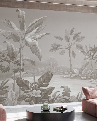 Tapet tropical Promised Land, Sepia, cu palmieri și plante, în nuanțe sepia